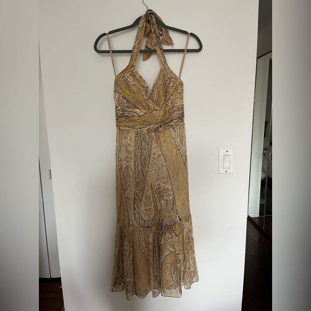 BCBG MaxAzria — Silk Paisley Halter Cocktail Dress (Gold) - Size 6 - Picture 1 of 6